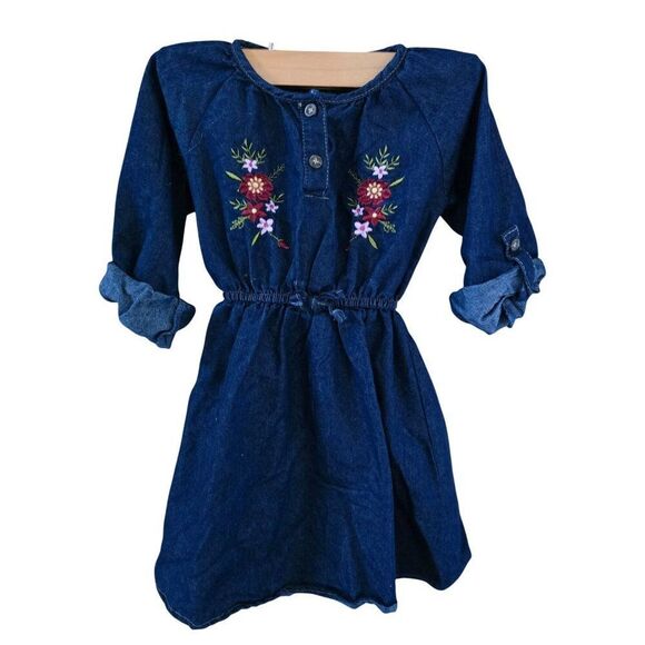 Girls Embroidered Denim Tunic Dress With Button Details & Elastic Waist - Size 4 - Picture 1 of 8